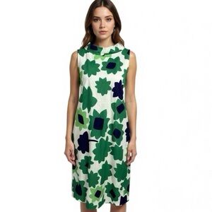 KoanDaily Mock Neck Retro Chic Dress Green Flowers Midi Sleeveless Womens Sz L